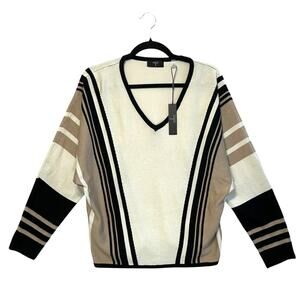 T Tahari Striped Dolman Sleeve Sweater NWT Women's Sz M Black Pale Sand Neutral